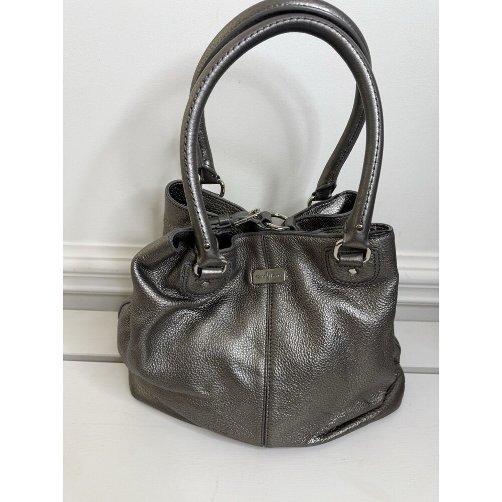 Cole Haan Metallic Pebbled Leather Satchel Shoulder Bag Gray Silver Tote Purse